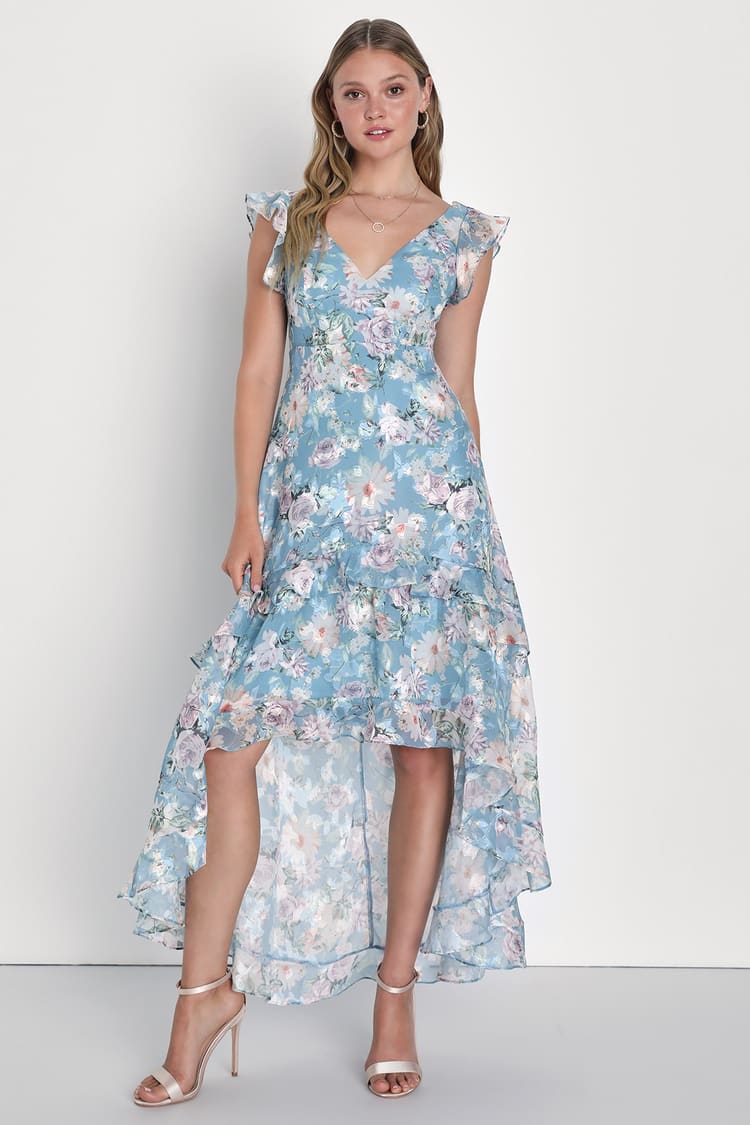 Light Blue Floral Dress - Ruffled High-Low Dress - Maxi Dress - Lulus