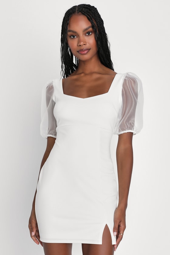 Chic White Dress - Sheer Puff Sleeve Dress - Mini Bodycon Dress