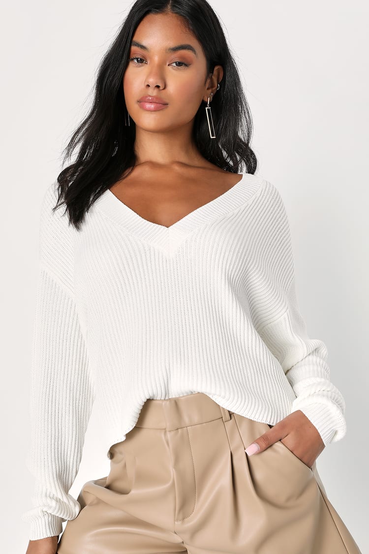 White Sweater Top - V-Neck Sweater - Long Sleeve Sweater Top - Lulus