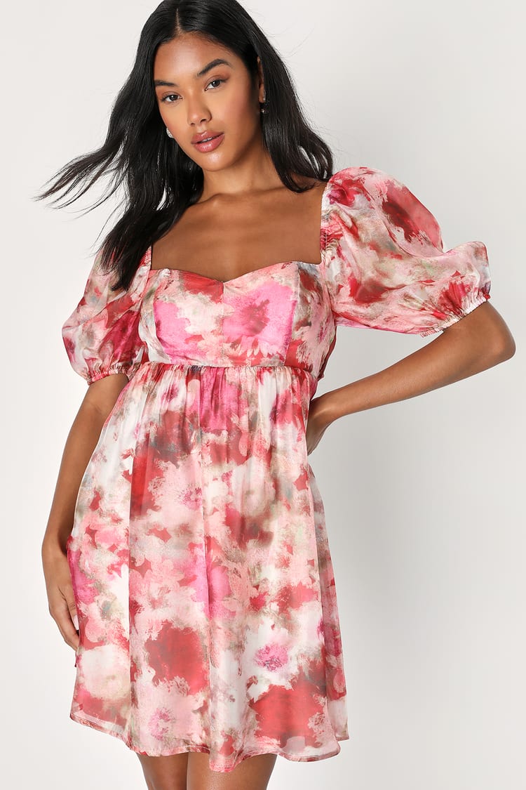 White Pink Floral Print Dress - Babydoll Dress - Satin Dress - Lulus