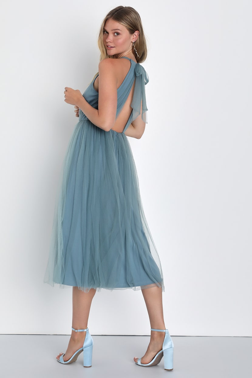 Slate Blue Dress - Tulle A-Line Dress - Mesh A-Line Midi Dress - Lulus