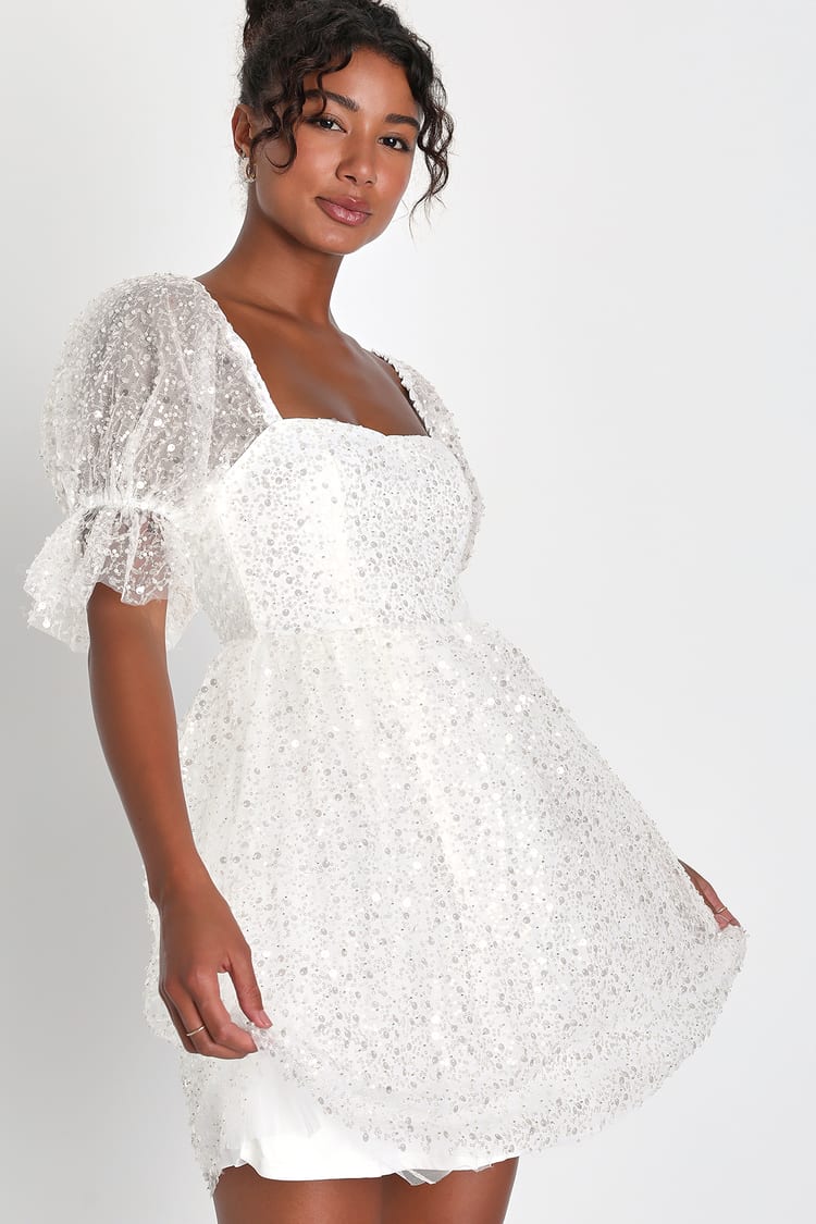 Magic Sparkle White Beaded Sequin Puff Sleeve Mini Dress