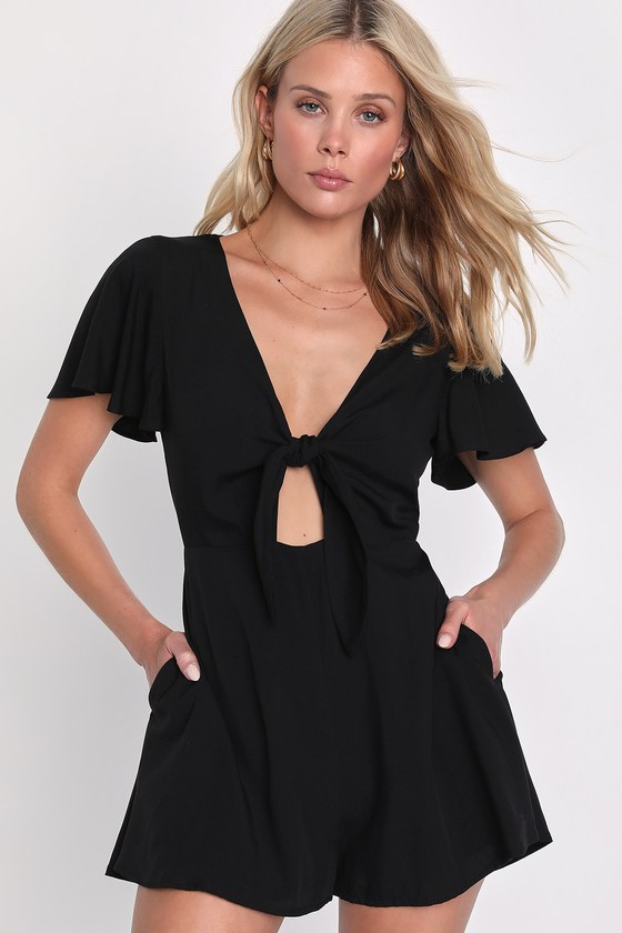 Black Romper - Tie-Front Romper - Flutter Sleeve Romper - Lulus