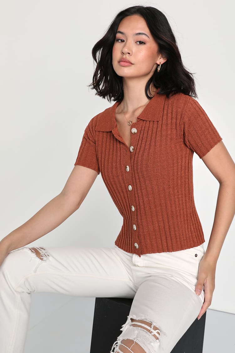 Brown Short Sleeve Top - Cardigan Sweater Top - Button-Up Top - Lulus