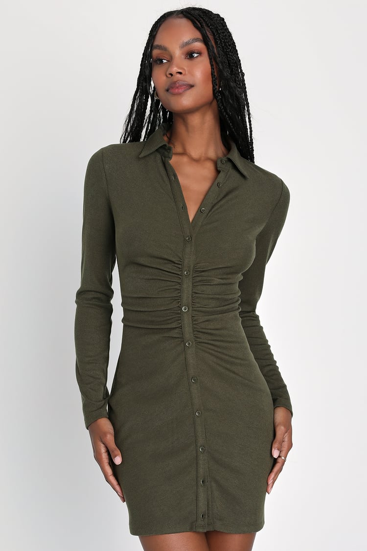 Olive Green Mini Dress - Long Sleeve Dress - Bodycon Mini Dress - Lulus