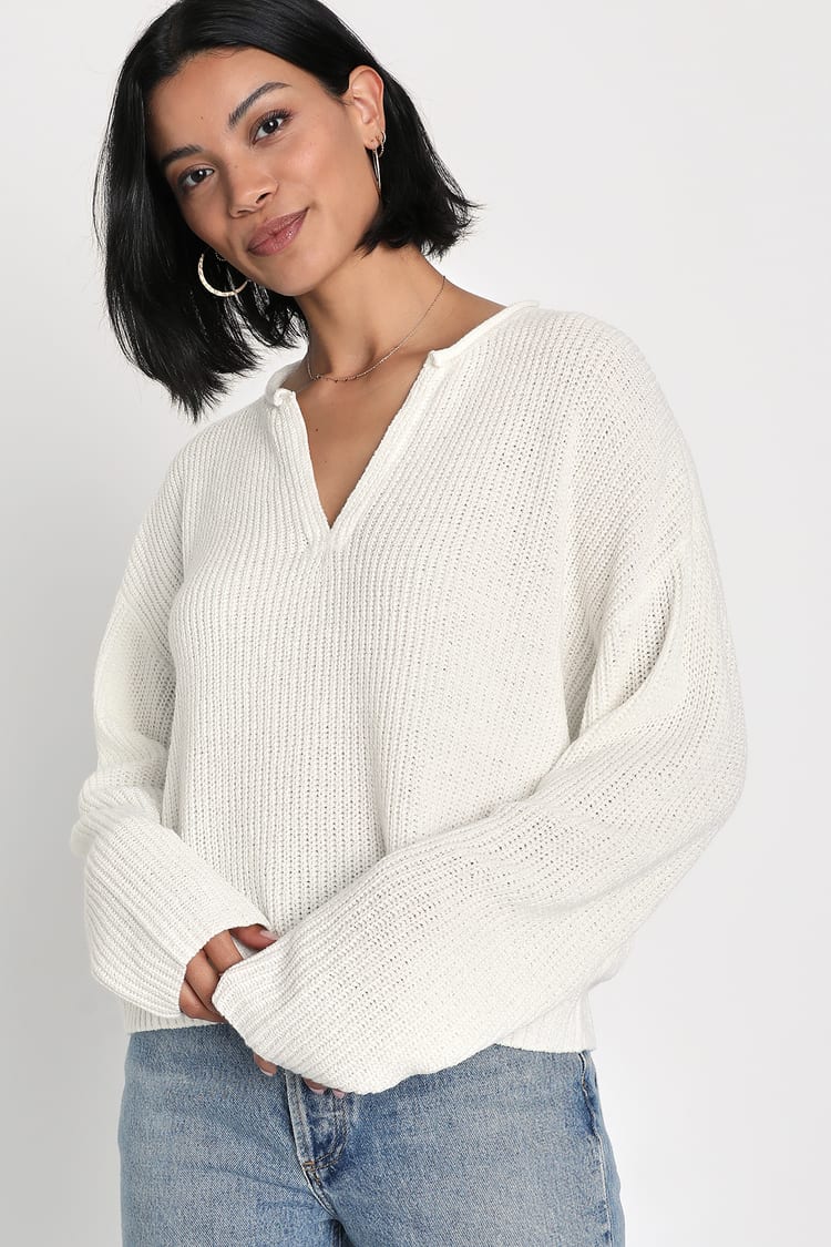 White Notch Neck Sweater - Pullover Sweater - Simple Sweater - Lulus