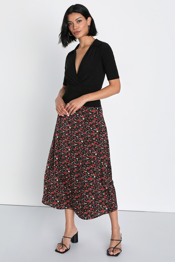 Floral Print Midi Skirt - Black Midi Skirt - High-Rise Skirt - Lulus