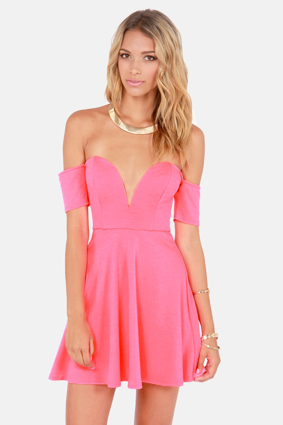 Sexy Neon Pink Dress - Off-the-Shoulder Dress - Skater Dress - $43.00 ...
