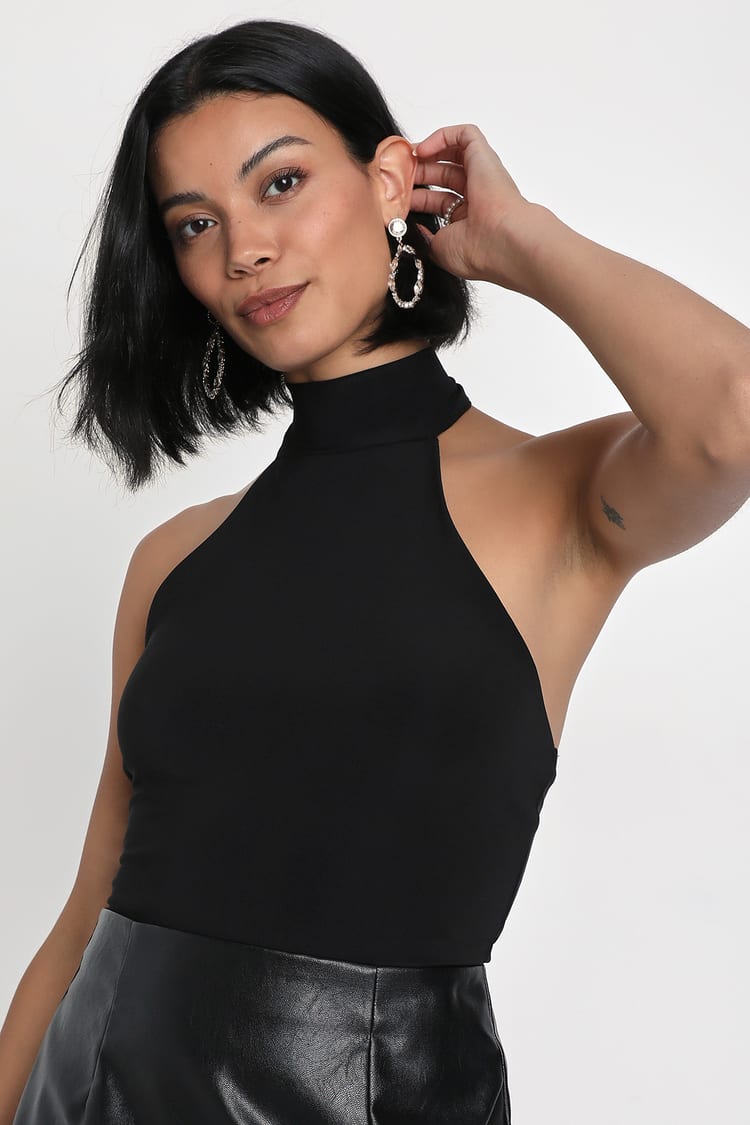 Black fitted bodysuit Sleeveless Fitted turtle neck style – TWL