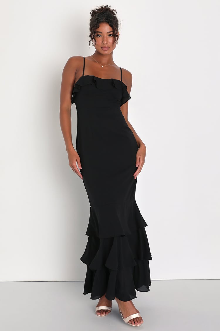 Dressy Ruffle Trim Maxi Dress Black / S by Betsey's Boutique