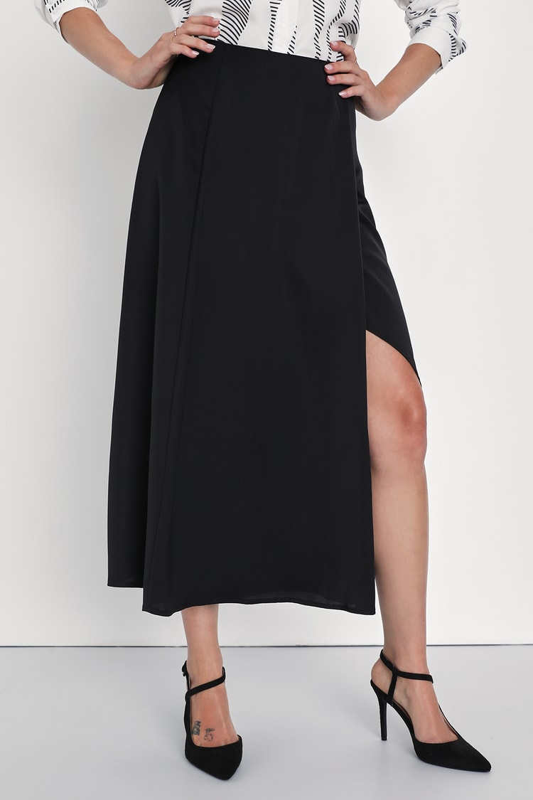 Chic Black Skirt - High-Rise Satin Skirt - A-Line Midi Skirt - Lulus