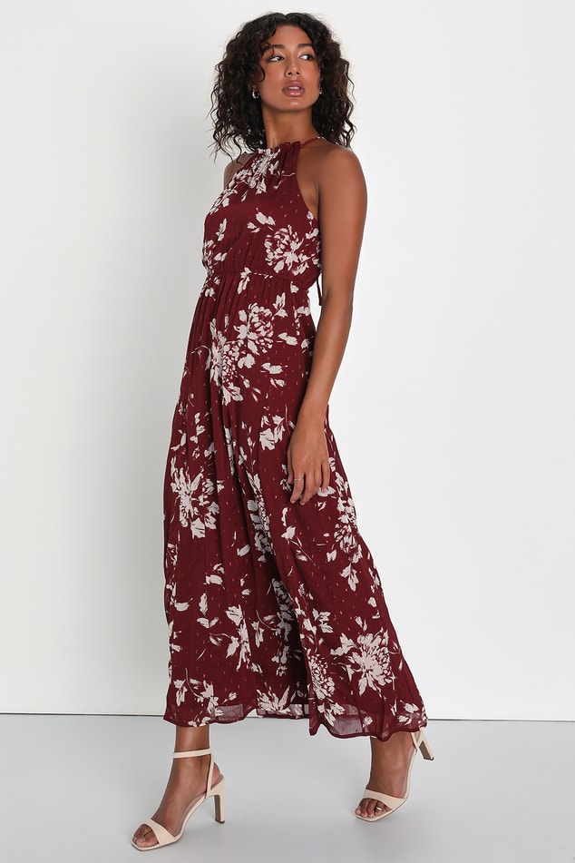 burgundy floral print dress