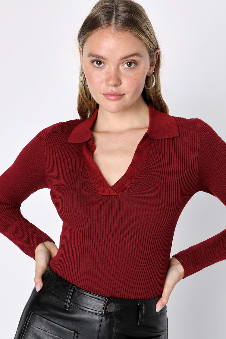 Burgundy Ribbed Top - Collared Top - Long Sleeve Sweater Top - Lulus
