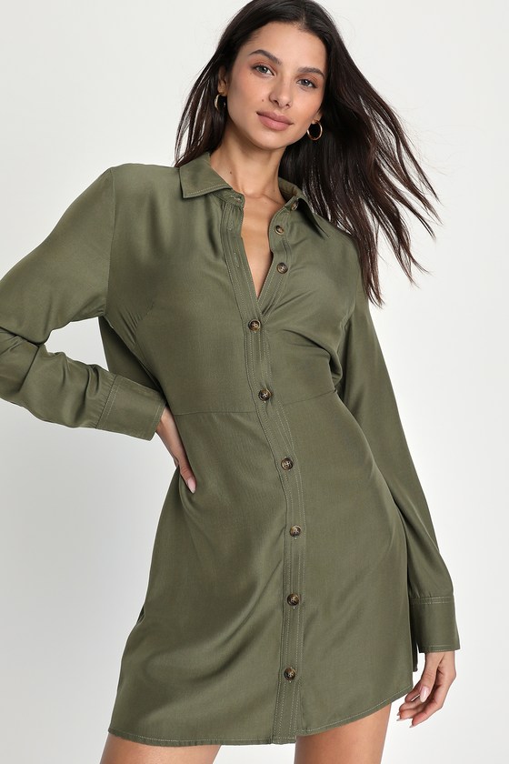 Olive Green Mini Dress - Green Button-Up Dress - Collared Dress - Lulus