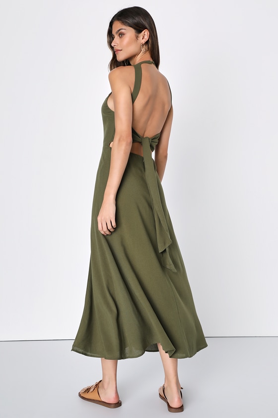 Green Backless Dress - Tie-Back Midi Dress - Open Back Dress - Lulus