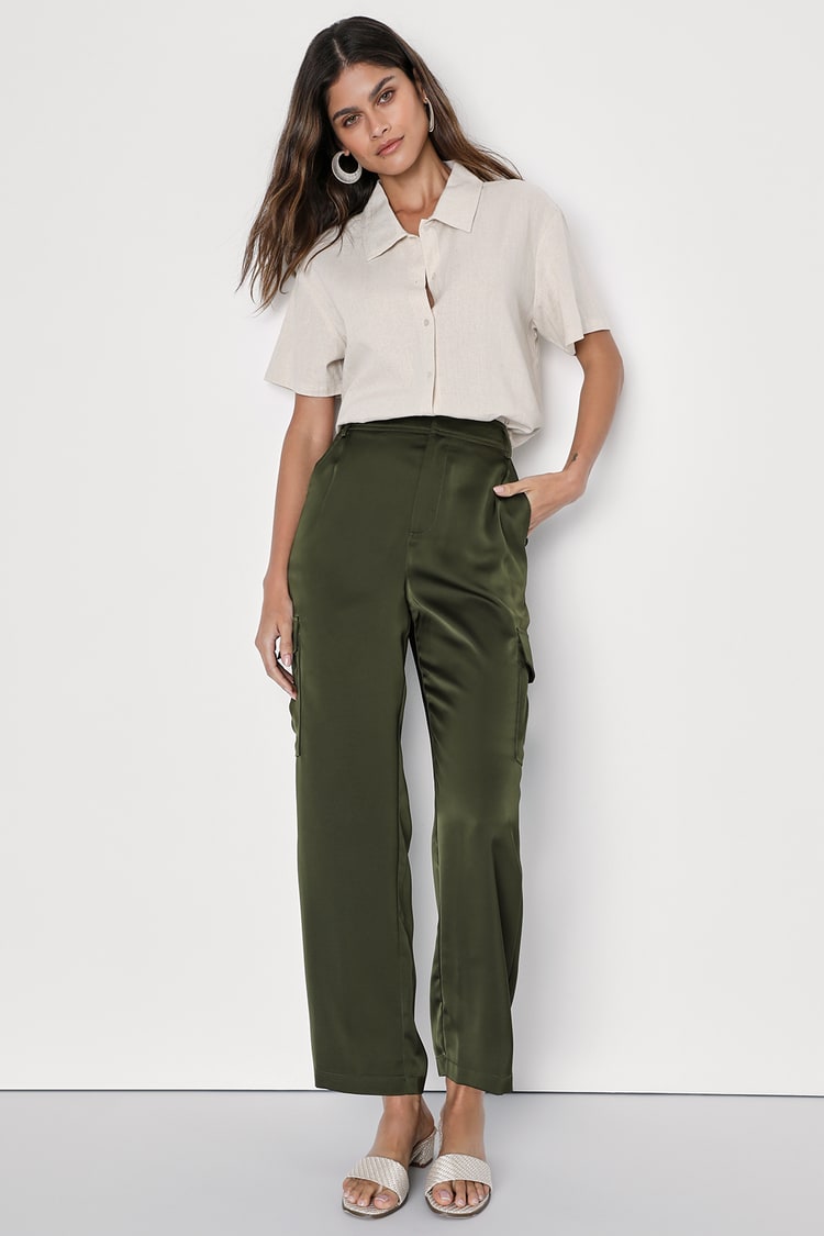 Chic Olive Green Pants - High-Rise Cargo Pants - Satin Pants - Lulus