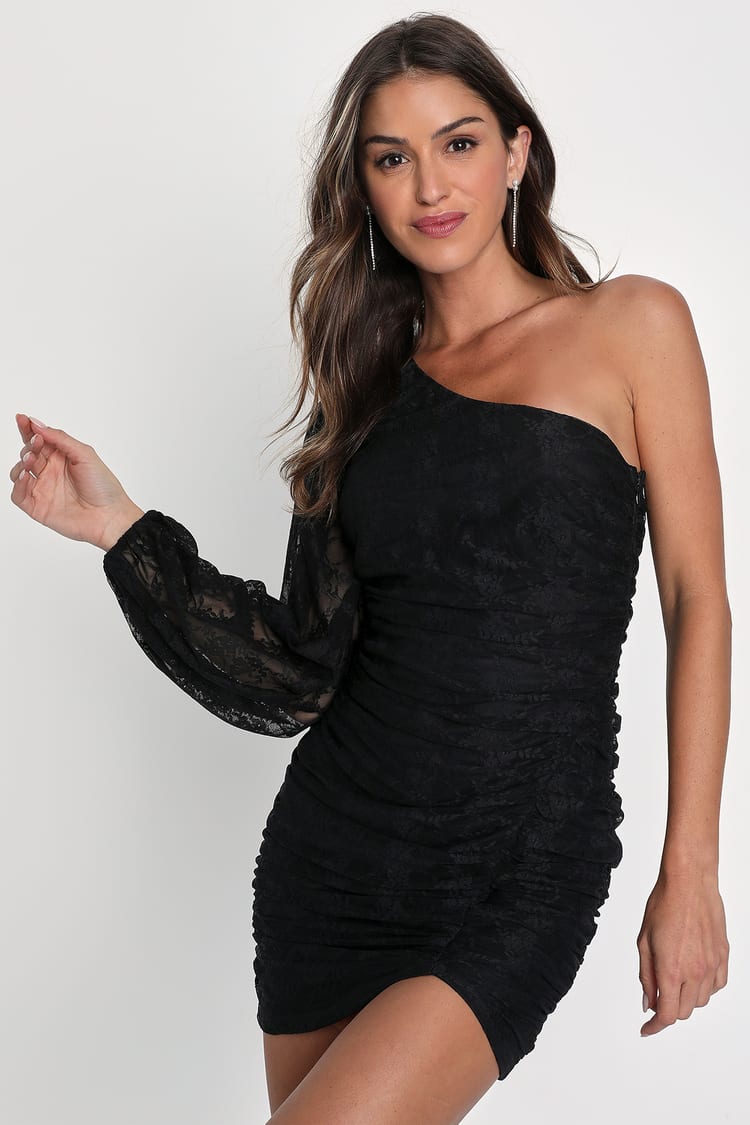Black Lace Dress - Ruched Mini Dress - One-Shoulder Dress - Lulus
