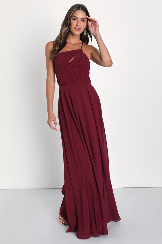 Burgundy Bridesmaid Dress - Pleated Dress - One-Shoulder Gown - Lulus