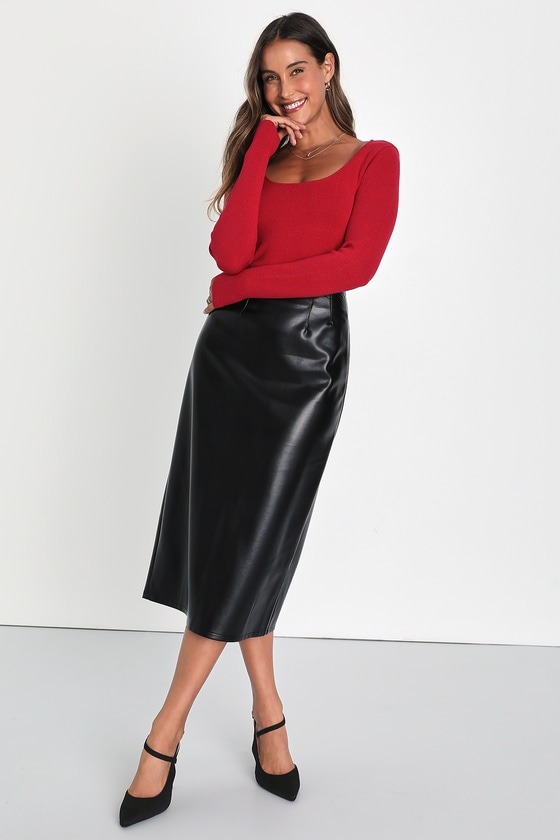 Chic Black Skirt Vegan Leather Skirt High Rise Midi Skirt Lulus 5551