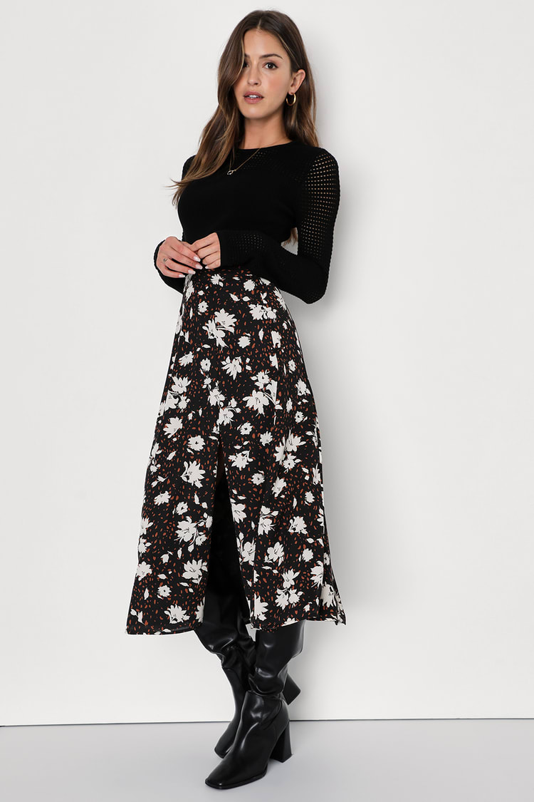 Black Floral Print Skirt - High-Rise Skirt - A-Line Midi Skirt - Lulus