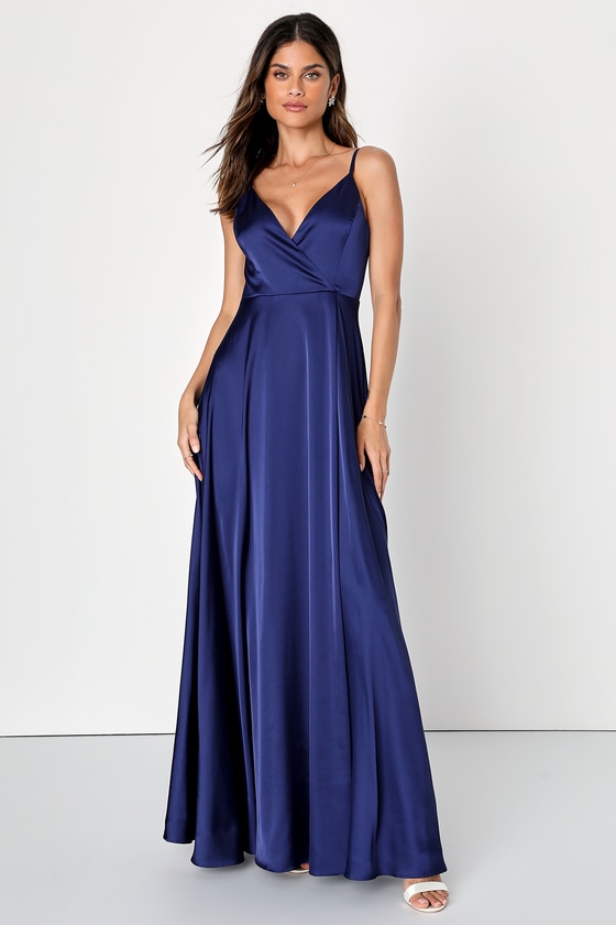 Navy Blue Satin Dress Surplice Gown Satin Maxi Dress Lulus