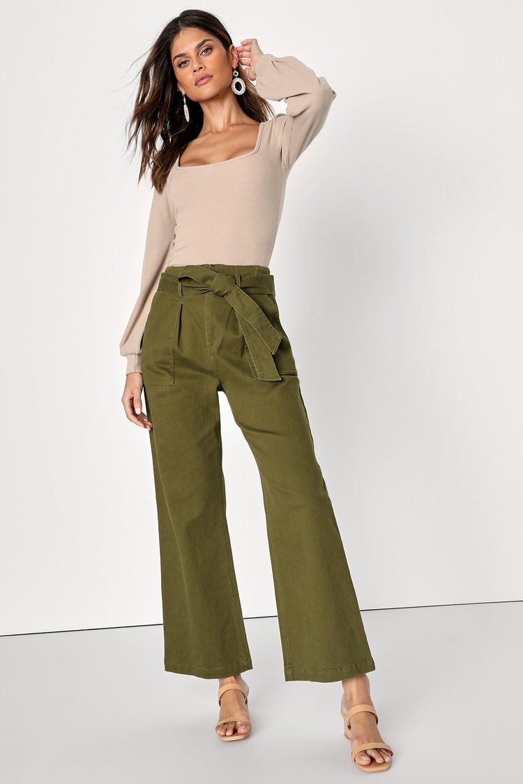 Chic Olive Green Pants - Cropped Pants - Wide Leg Tie-Waist Pants - Lulus