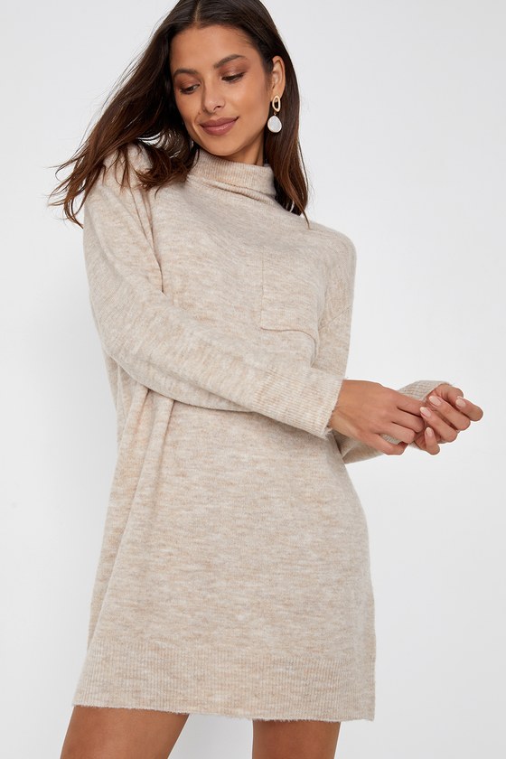 Positively Charming Heather Beige Turtleneck Mini Sweater Dress
