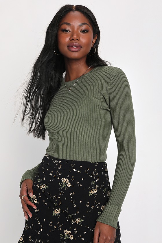 Cute Olive Green Sweater Ribbed Sweater Top Long Sleeve Top