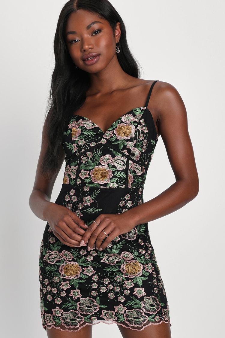 Black Sleeveless Dress - Floral Embroidered Dress - Mini Dress - Lulus
