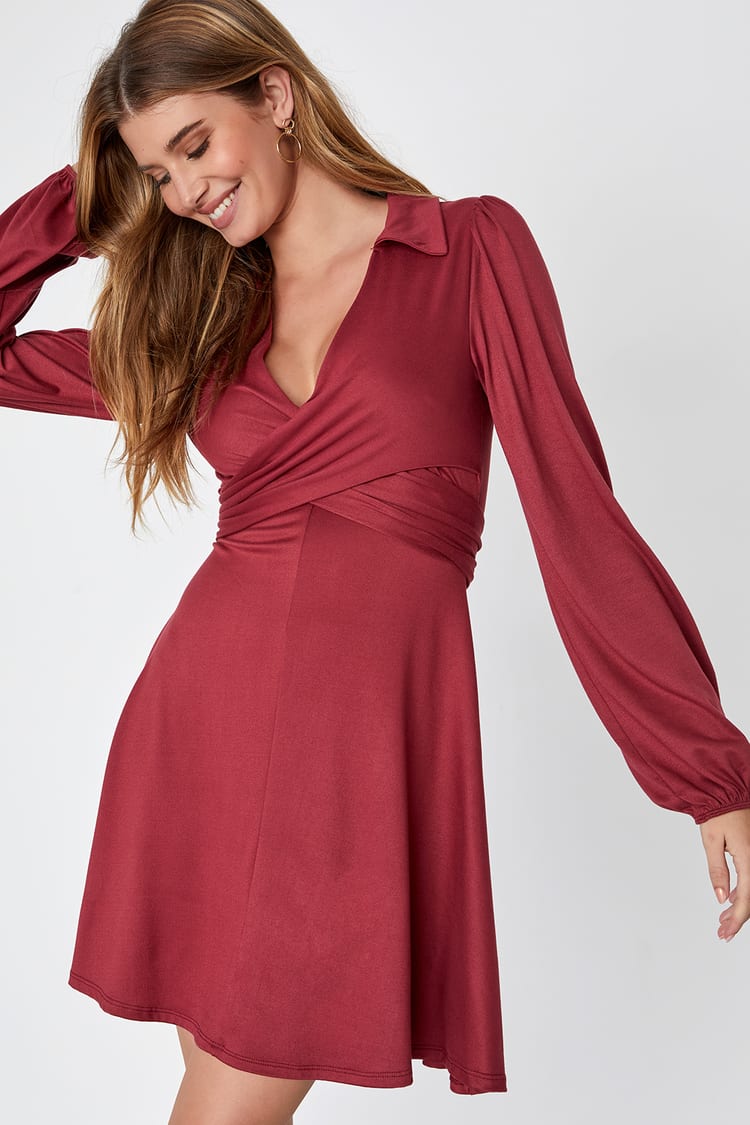 Wine Red Mini Dress - Wrap Bodice Dress - Long Sleeve Dress - Lulus