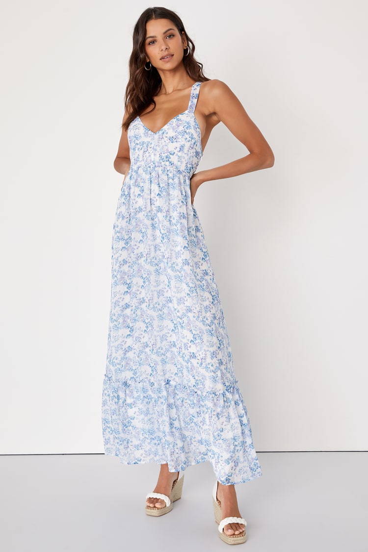Blue Floral Print Maxi - Tie-Back Maxi - Tiered Maxi Dress - Lulus