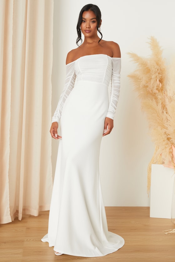 Elegant Eternity White Mesh Ruched Off the Shoulder Maxi Dress