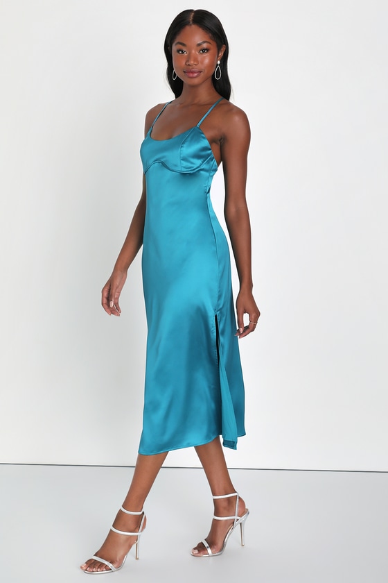 Sexy Teal Blue Dress - Under-Bust Seam Dress - Satin Midi Dress - Lulus