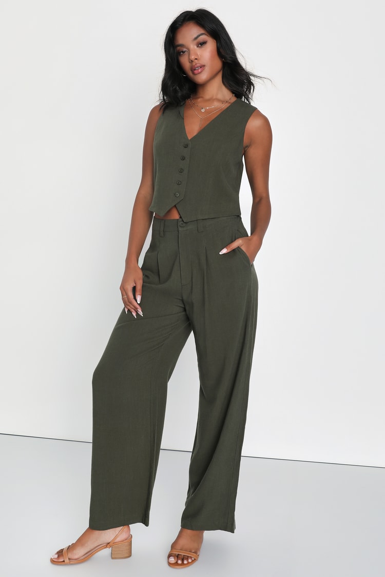 Olive Green Linen Wide Leg Pants | Womens | Small (Available in M, L) | Lulus