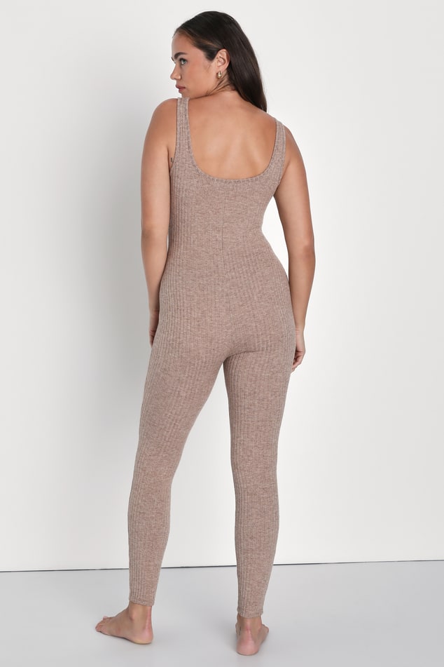 Sweetest Evenings Heathered Taupe Ribbed Knit Lounge Jumpsuit