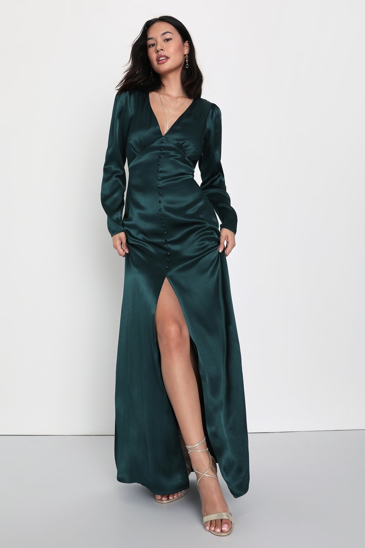Glam Green Dress - Maxi Dress - Wrap Dress - Long Sleeve Dress - Lulus