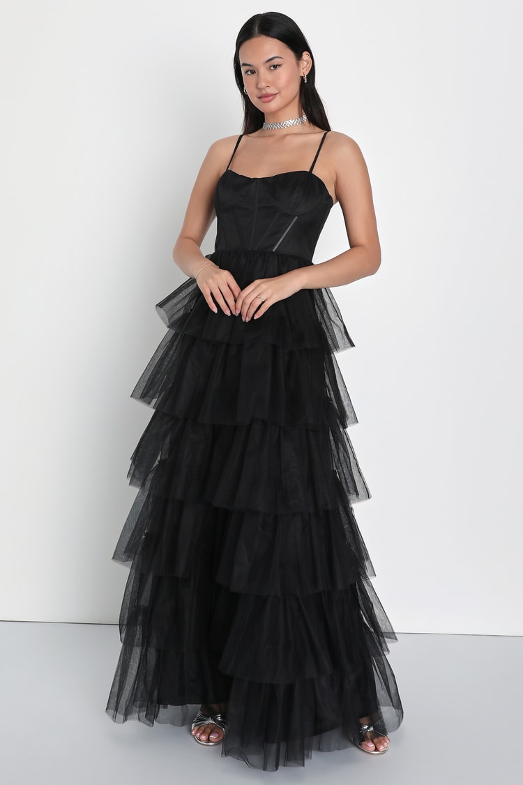 Black Tulle Dress - Tiered Maxi Dress - Bustier Maxi Dress - Lulus