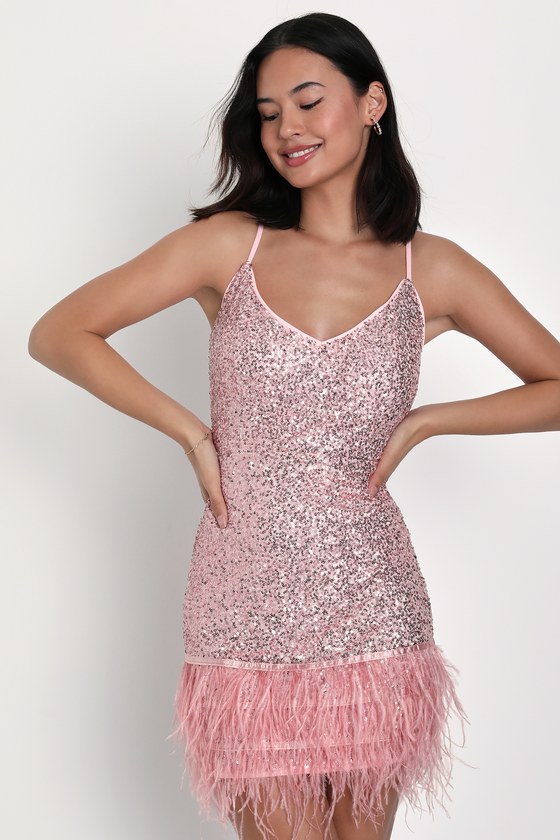 Pink Sequin Mini Dress - Feather Hem Dress - Bodycon Mini Dress - Lulus