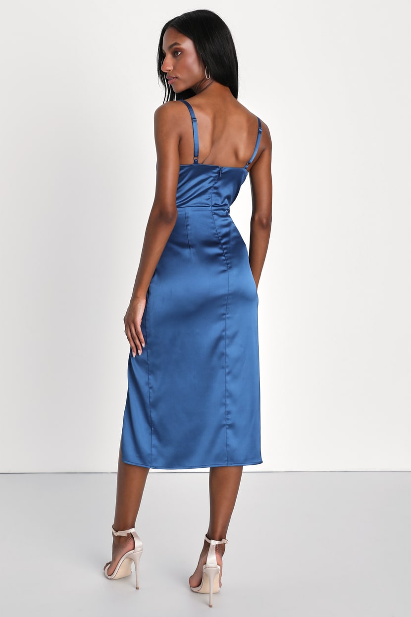 Blue Satin Slip Dress - Strapless Midi Dress - Cowl Back Dress - Lulus