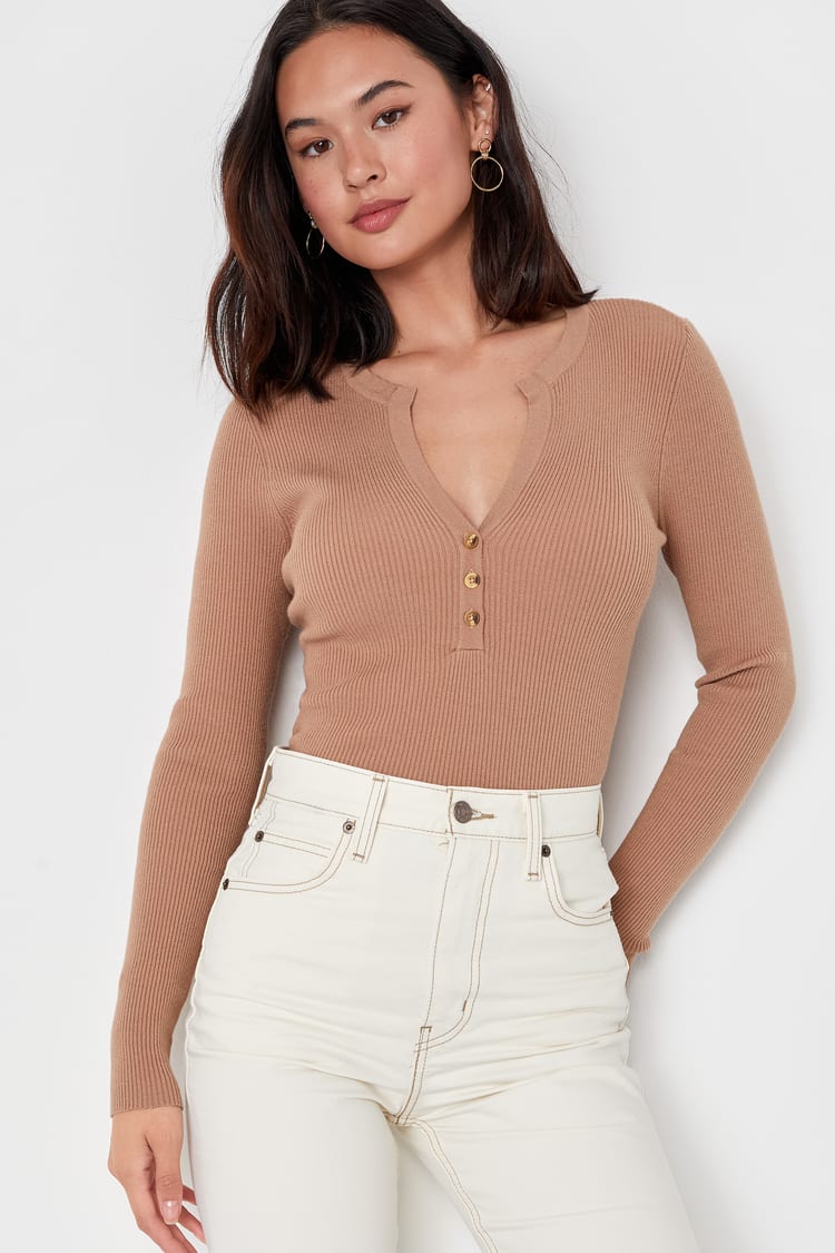 Sensible Aesthetic Light Brown Ribbed Long Sleeve Sweater Top