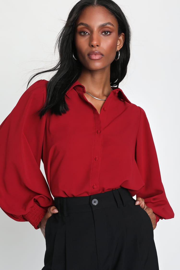 Wine Red Long Sleeve Button Up Top | Womens | Large (Available in M) | 100% Polyester | Lulus