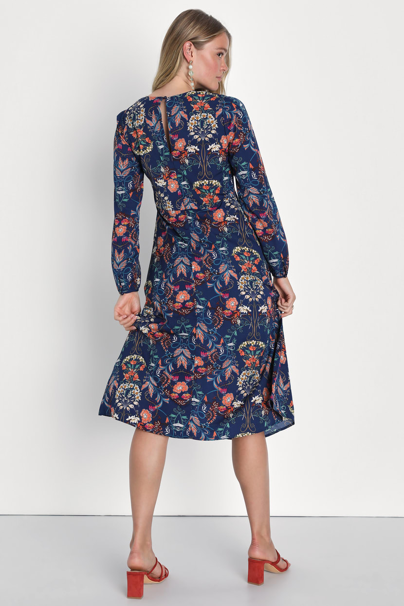 I. Madeline Garden Splendor - Navy Blue Dress - Floral Print Midi - Lulus