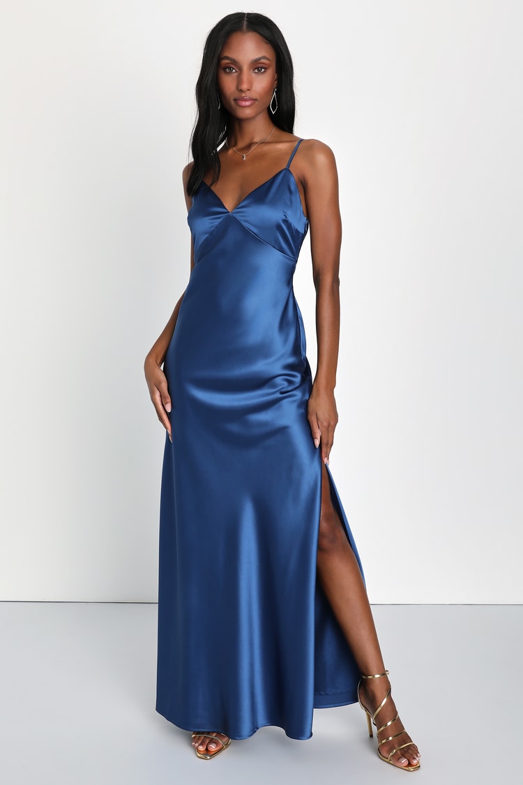 Blue Satin Slip Dress - Maxi Dress - Slip Maxi Dress - Lulus
