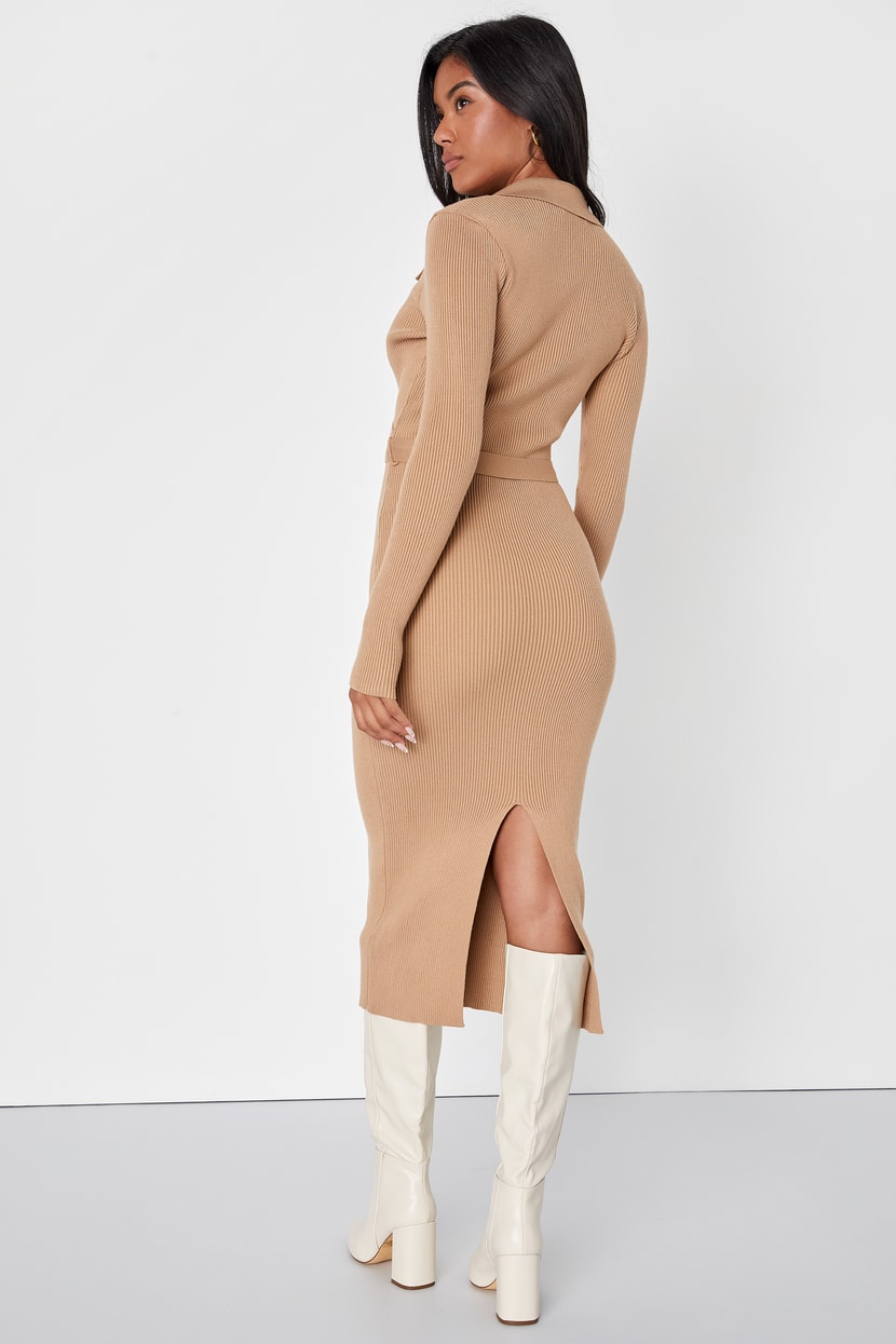 Snow Day Style Beige Ribbed Turtleneck Bodycon Sweater Dress