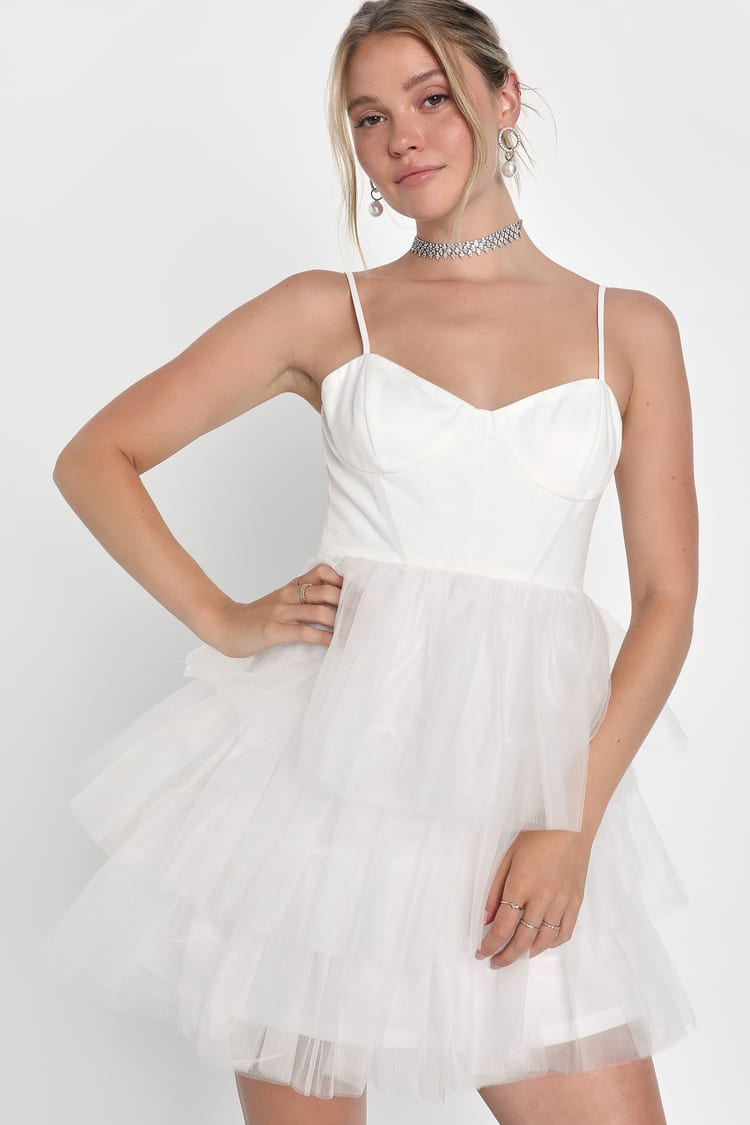 Tulle Tiered Dress - White Bustier Dress - White Mini Dress - Lulus