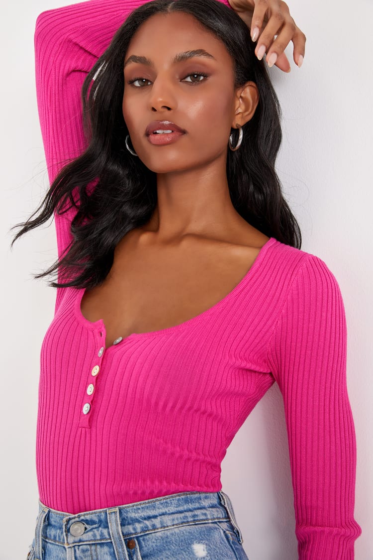 Pink Ribbed Bodysuit - Black Henley Bodysuit - Long Sleeve Top - Lulus