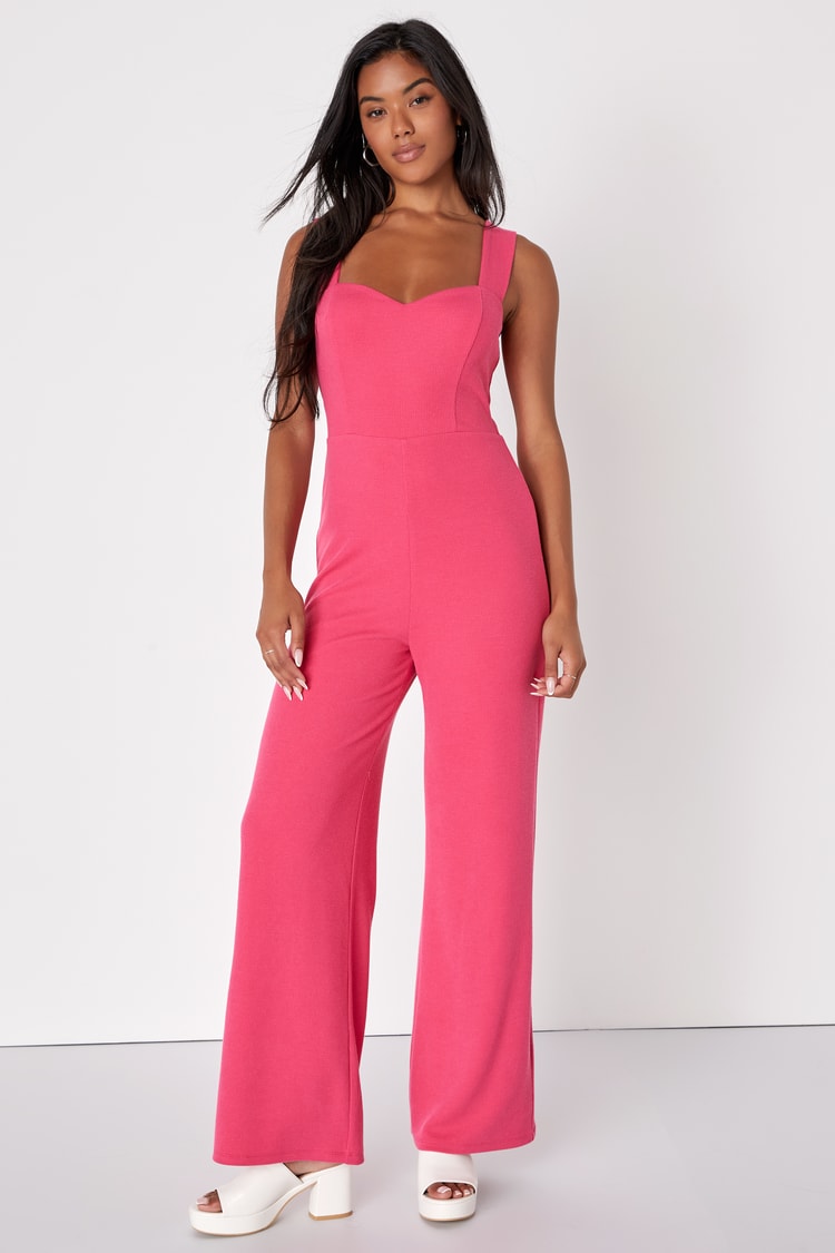Cute Hot Pink Jumpsuit - Wide-Leg Jumpsuit - Ribbed Knit Jumpsuit - Lulus