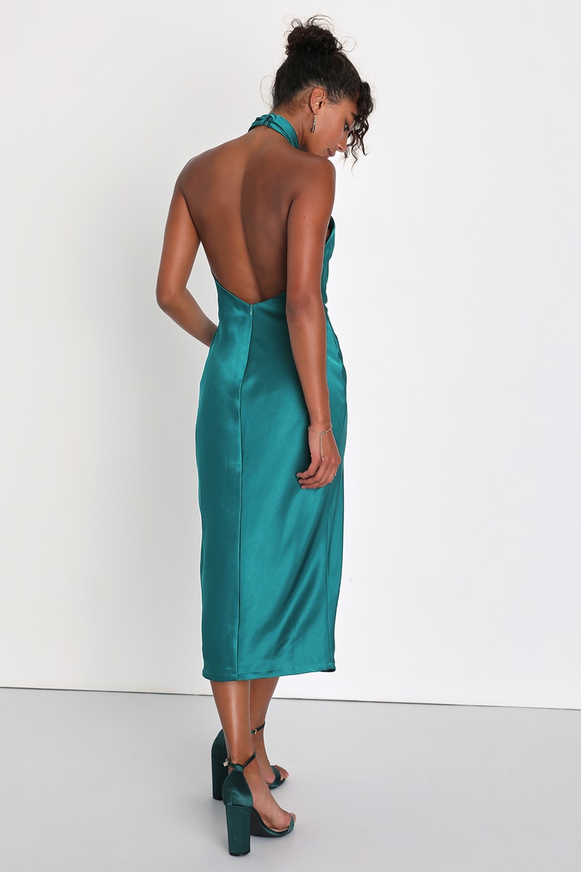 Teal Green Midi Dress - Satin Midi Dress - Backless Halter Dress - Lulus
