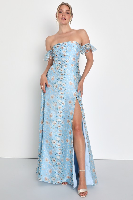 Blue Floral Organza Dress - Off-the-Shoulder Dress - Maxi Dress - Lulus