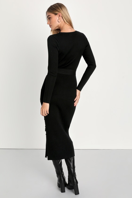 Black Ribbed Knit Dress - Midi Sweater Dress - Tie-Front Dress - Lulus